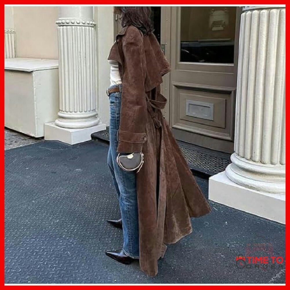 Faux Suede Long Trench Coat Double Breasted Belted Slim Fit Overcoat - Picture 3 of 8
